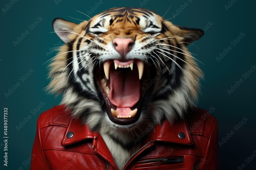 Obraz premium Fierce tiger in red leather jacket roaring against dark background. Anthropomorphic animal portrait. Creative concept for wildlife conservation, animal rights awareness