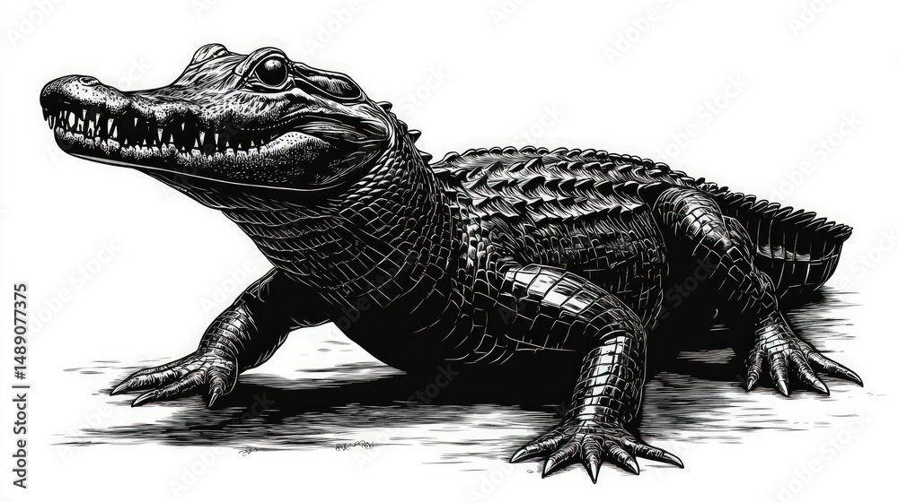 Obraz premium Detailed black and white illustration of an alligator