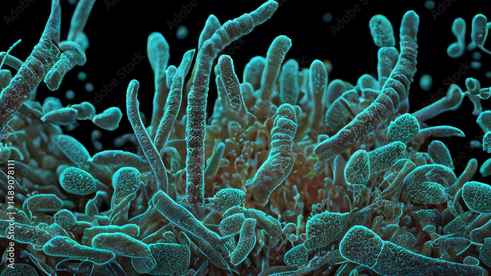 Obraz premium Microscopic view of complex microbial structures
