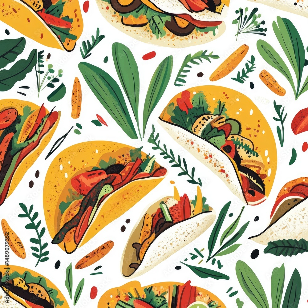 Naklejka premium Colorful tacos and fresh herbs pattern