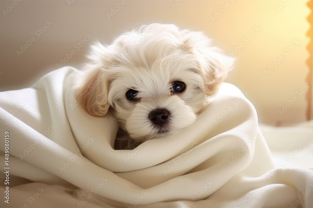Adorable white puppy wrapped in soft blanket. Cozy pet portrait for animal lovers. Cute dog image for National Puppy Day greeting card or pet adoption campaign Adorable white puppy wrapped in soft blanket. Cozy pet portrait for animal lovers. Cute dog image for National Puppy Day greeting card or pet adoption campaign