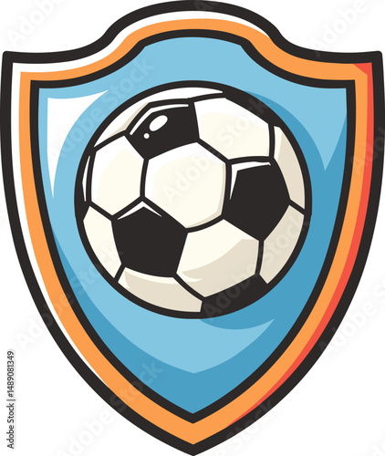 Soccer ball emblem design featuring a black and white ball on a blue shield cartoon isolated on transparent background. Vector illustration.