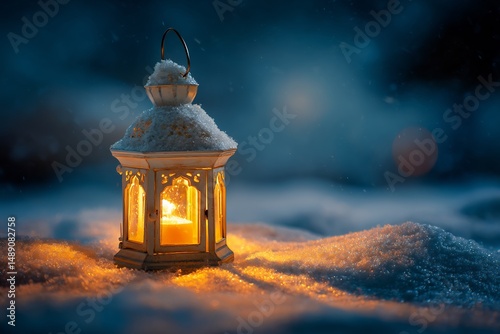Christmas lantern snow with glowing candlelight soft winter lighting and shadows no people or logos