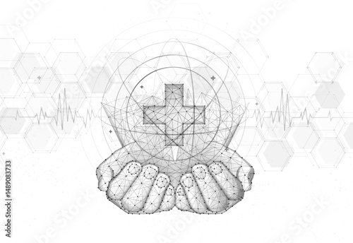 Hand holding a medical cross icon. Abstract background, hospital treatment, digital doctor.
