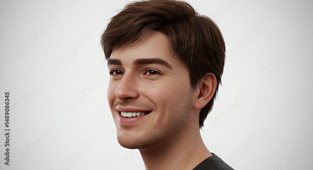 Friendly Young Man With Brown Hair Smiling on White Background For Advertising Personal Care Products and Lifestyle Branding Shoot With Warm Facial Expression Friendly Young Man With Brown Hair Smiling on White Background For Advertising Personal Care Products and Lifestyle Branding Shoot With Warm Facial Expression
