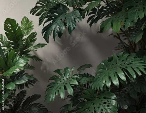 Lush, dark green tropical leaves, vibrant exotic blooms, textured shadows , background, illustration