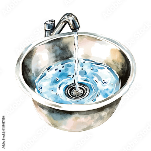 watercolor vector of Stainless Steel Sink With Running Water, high quality, isolated on a white background.