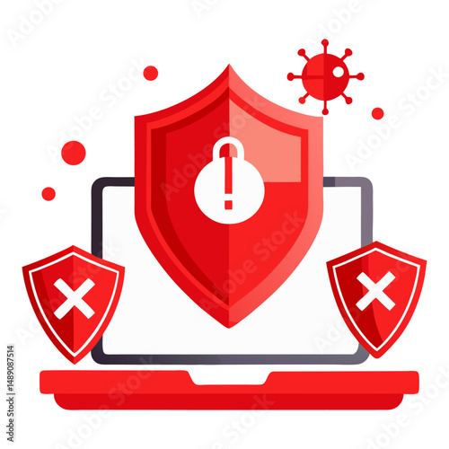 
An illustration of a red, stylized digital shield, representing security, with a padlock and warning signs, placed on a laptop screen.
