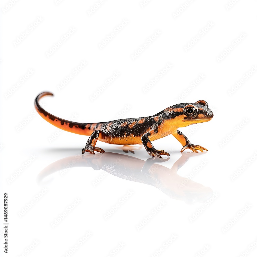 Obraz premium Newt crawling on wet surface on white background