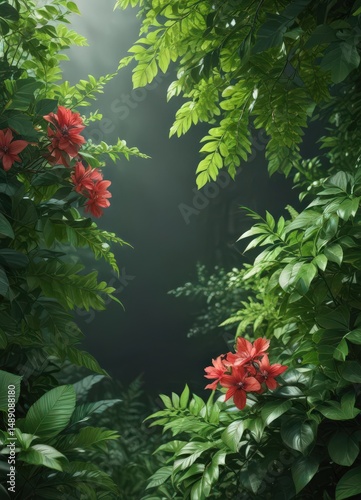 Vibrant floral design, lush green leaves, natural light, spring, background, garden