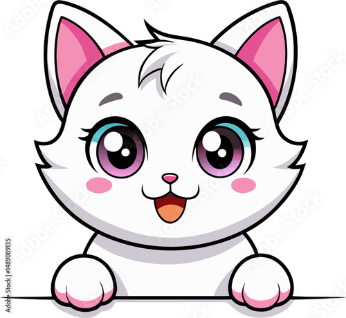 A cute, cartoon white cat with large, expressive eyes and pink blush, appearing to peek over an edge.