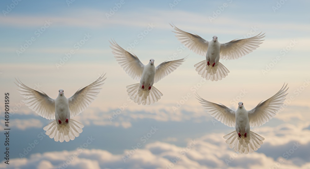 Obraz premium Three White Doves in Flight Synchronized Wing Beats Against Bright Sky Symbolizing Peace and Freedom
