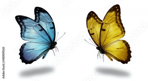 Two Butterflies with Detailed Wing Patterns One Blue and White and Another Vibrant Yellow Isolated on White Screen Perfect for Decoration