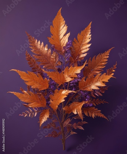 Intricate dry orange metallic leaf arrangement on rich violet background Elegant autumnal design , metallic, abstract