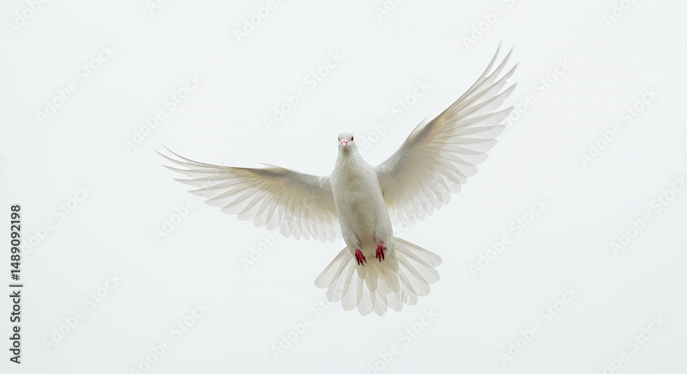 Fototapeta premium Majestic White Dove in Midflight with Outstretched Wings Against a Clean White Background Perfect for Decoration