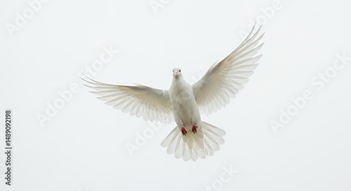 Majestic White Dove in Midflight with Outstretched Wings Against a Clean White Background Perfect for Decoration