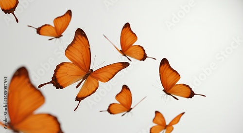 Vibrant Orange Butterflies Gracefully Fluttering in Diagonal Flight Against a Seamless White Background in Studio Lighting
