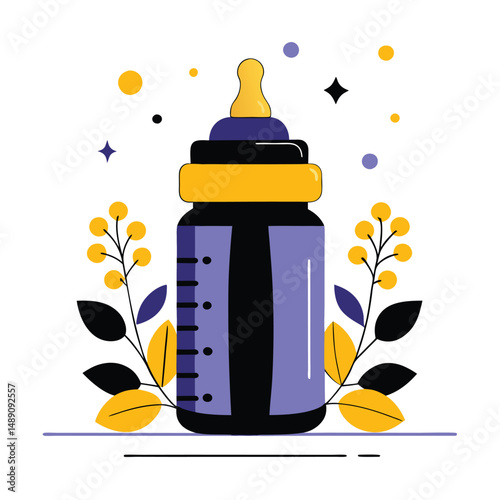 Concept Illustration of a Baby Bottle Filled with Milk and a Tiny Pacifier
