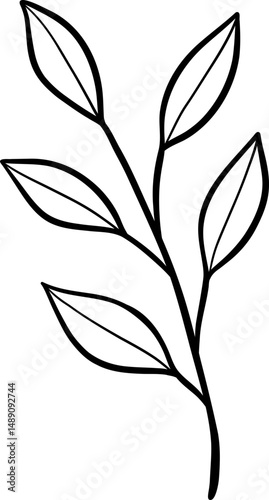 Simple Side Leaning Leaf with Curved Vein in Line Art