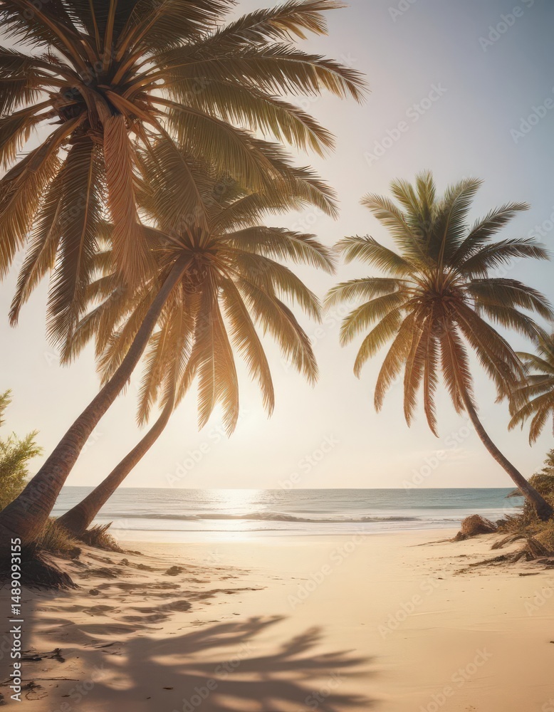 Obraz premium Sun-drenched palm trees lean over a vintage-toned sandy beach, film grain visible , sunlight, serene, landscape