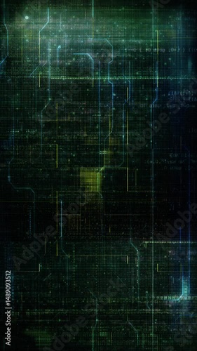 Vertical Circuit Board ai Thought Process 4K Loop features animated scrolling text on a dark background with ones and zeros and lines moving in a vertical ratio loop.