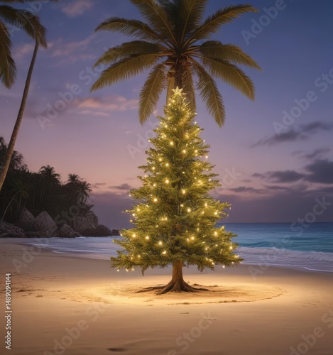 Wallpaper Mural Lighted Christmas tree on deserted tropical beach; sandy shore, ocean backdrop,  celebration,  serene Torontodigital.ca