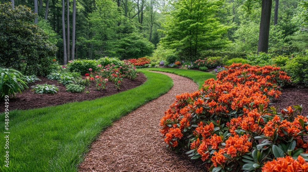 Obraz premium Blooming azaleas in rich shades of red and orange lining a garden path surrounded by spring greenery