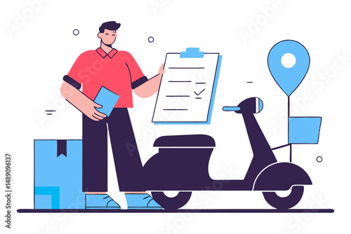 A delivery courier stands next to a scooter with a package and a location pin, holding a clipboard with a checklist.