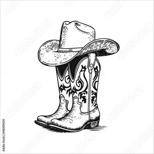 Cowboy boots and western hat. Isolated on white for print or design. Vector illustration.