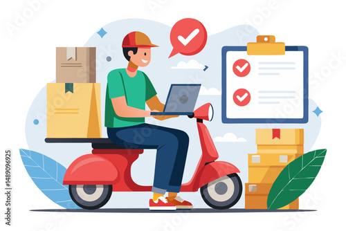 A stylized illustration of a delivery person on a scooter, holding a package, with a map and delivery pin nearby.