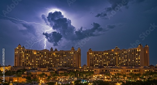 Lightning storm over illuminated resort hotels photo