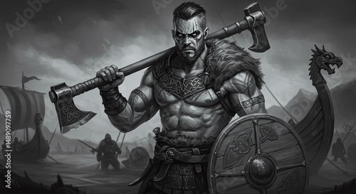 Viking warrior with axe and shield photo