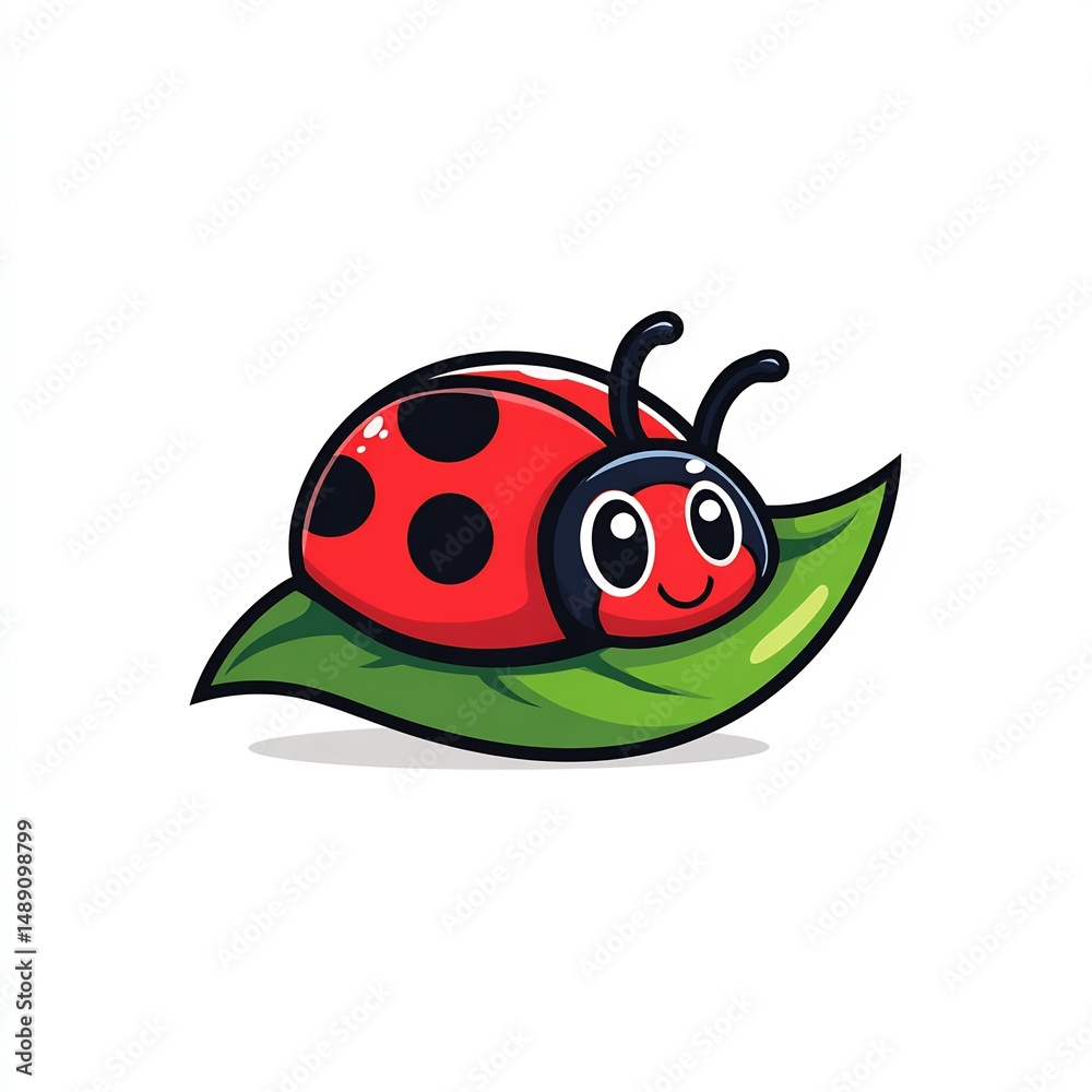 Fototapeta premium Cute ladybug crawling on leaf, cartoon , bold outline, white background