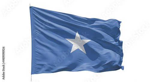 A vibrant blue flag with a central white star waving against a clear sky, symbolizing freedom and unity