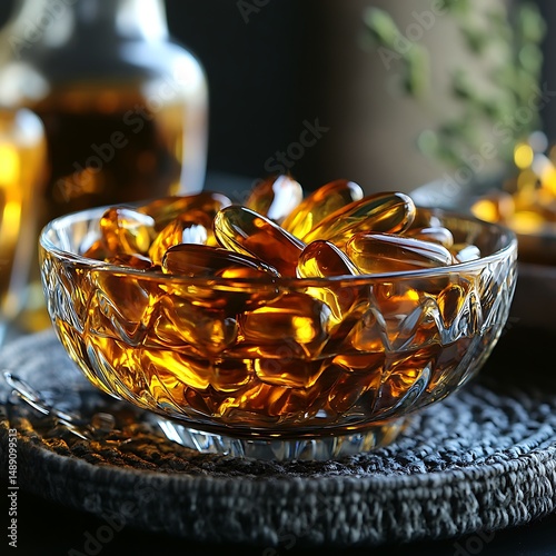 Golden capsules in a bowl