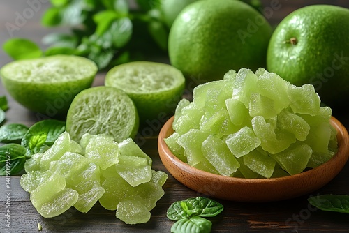 Green fruit candies, slices, and leaves