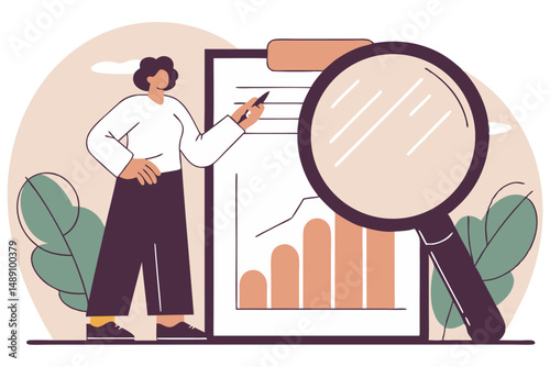 A person in a business suit is shown examining documents with a magnifying glass, various icons representing financial data, legal documents, and ESG concepts, symbolizing auditing or investigation.