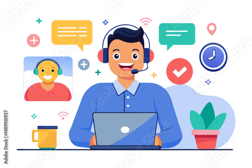 a human hand holding a smartphone with a stylized customer service chat interface, showing a person with headphones and speech bubbles, symbolizing online support or communication.