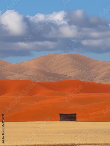 Desert landscape with hills and a small structure