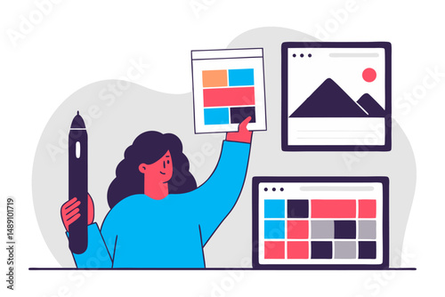 A female designer holds a stylus and UI layouts, illustrating creative digital work.