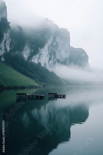 Misty lake, mountain reflection