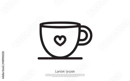 Black Outline of a Coffee Cup with Heart Shape Isolated on Transparent Background