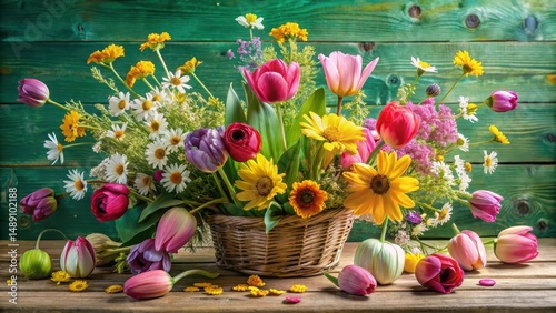 Wallpaper Mural A vibrant spring bouquet of tulips, daisies, and sunflowers arranged in a rustic woven basket, scattered blossoms adorn a weathered wooden surface Torontodigital.ca
