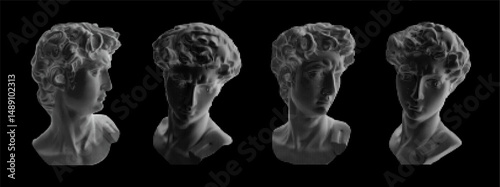 Plaster bust of David in Four Perspectives in halftone style.  3d white line objects in black background