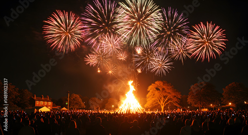 Spectacular fireworks display and bonfire celebration at night with crowd