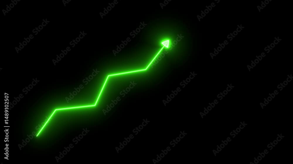 neon business graph on black background. Successful, growth, Increased and trend neon line graph. Market Recovery Concept. Successful growth trend graph going down arrow.