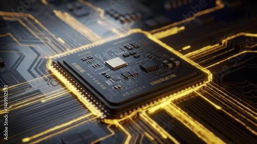 Zoom-In Animation of Glowing Microchip with Electricity and Golden Light – Futuristic Tech Background