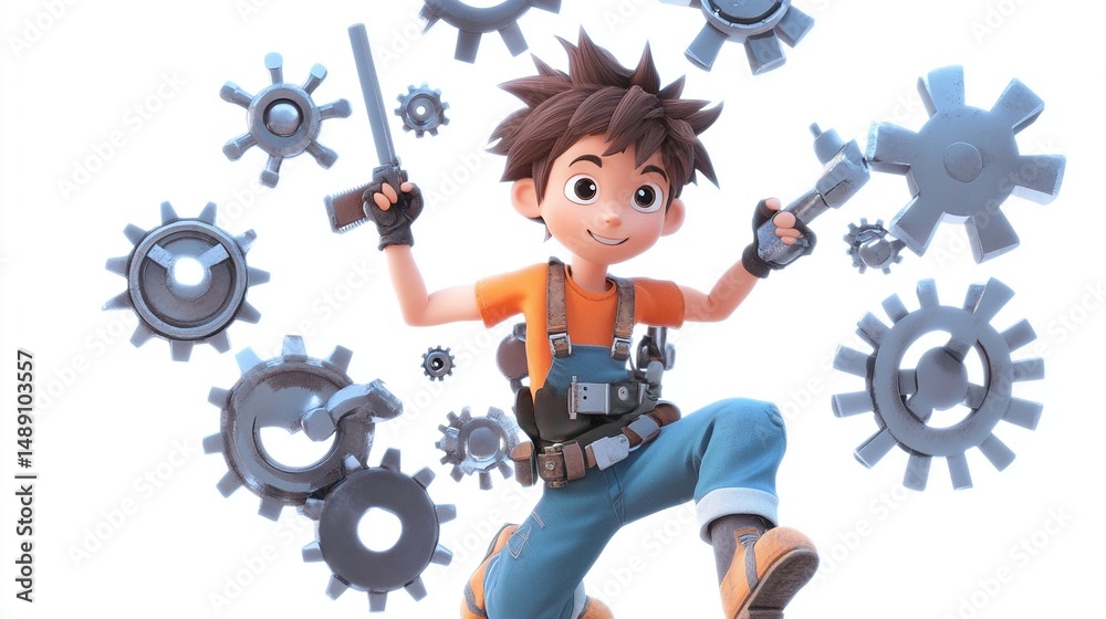 Fototapeta premium Boy jumping amidst floating gears holding tools, animated and vibrant