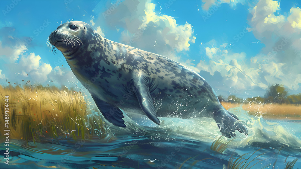 Obraz premium Gray Seal Leaping from Water, Summer Day