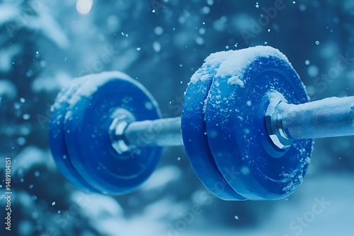 Blue dumbbells covered in snow outdoors